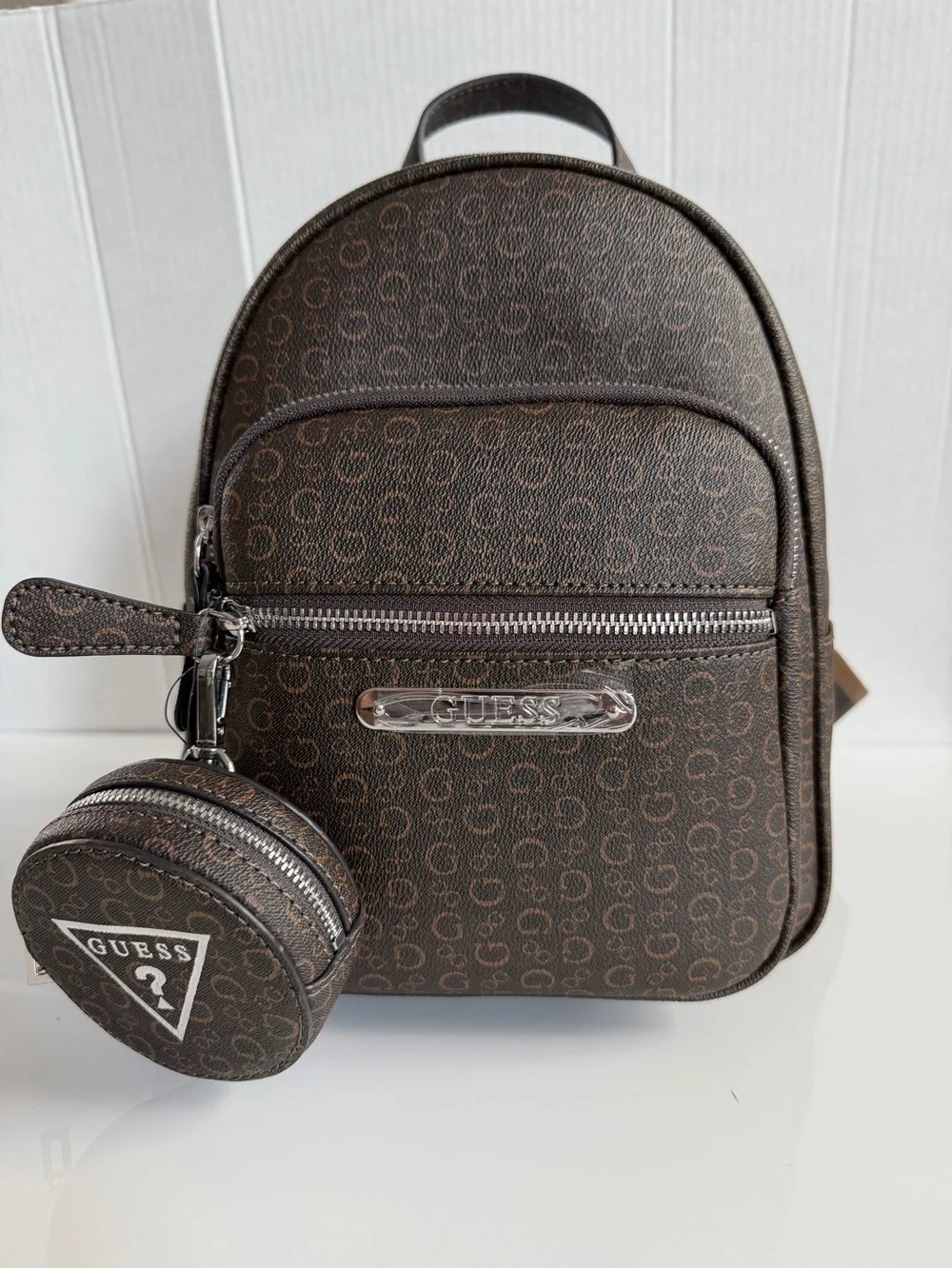GUESS Brown Logo Print Mini Backpack Zip Top w/ Coin Purse Adjustable Strap
